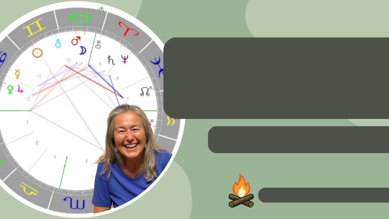 Ina vor einem Astrologie-Horoskop, lachend